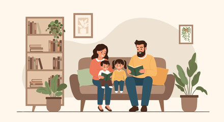 Illustration of a happy family reading books together in a cozy living room setting