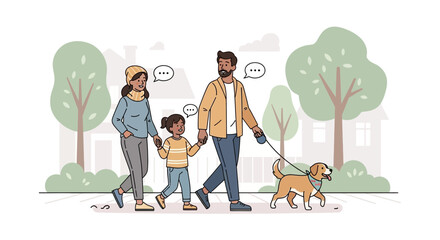 Illustration of a happy family walking a dog in a park, enjoying quality time together in a peaceful environment