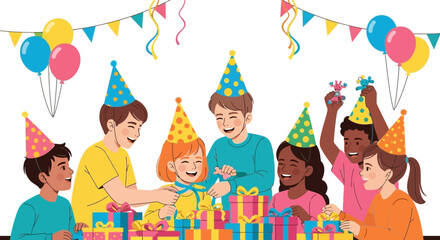 Fototapeta premium Happy Children Celebrating a Birthday Party With Balloons and Gifts