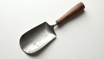 Metal cake server with wooden handle, resembles a small shovel. Its stainless steel blade shows slight patina. Used for serving desserts like cake, pie, or pizza at dinners.