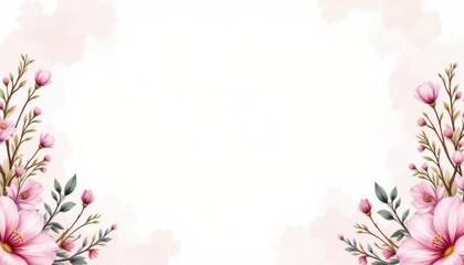 Fototapeta premium Elegant pink flowers frame with soft watercolor background for spring designs pink