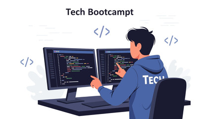 Illustration of a programmer working on code at a Tech Bootcamp with dual monitors