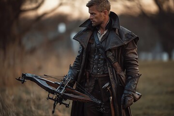 Gothic vampire hunter with crossbow and leather coat 