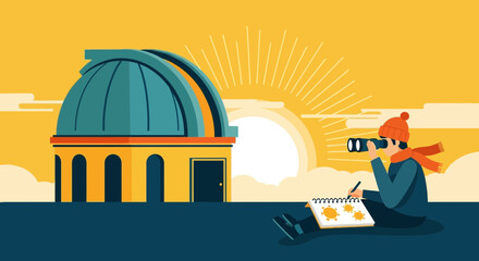 Illustration of a Scientist Observing Celestial Objects at an Observatory