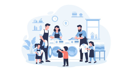 Happy Family Doing Laundry Together at Home in Blue Minimalist Design