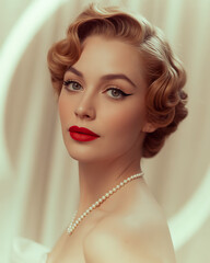 Elegant vintage portrait of a woman with classic hairstyle and red lipstick © shobha