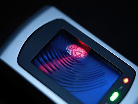 Close up of a fingerprint scanner on a digital device displaying a glowing red fingerprint scan isolated on white background