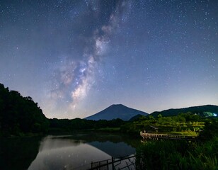 Milky Way over tranquil lake and mountain