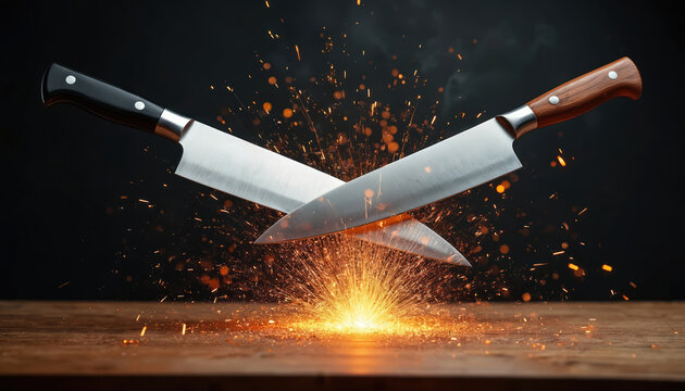 Two chef knives collide mid-air in dramatic culinary clash. Sparks fly from impact, intense battle between blades. Dynamic scene captures ferocity, skill of cookoff, evoking high-stakes kitchen