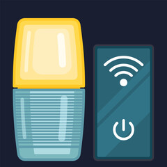 Smart Air Purifier and Remote Control Illustration. A colorful flat vector illustration of a modern smart air purifier or humidifier with a remote control. 