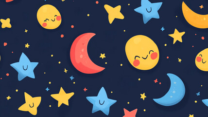 Whimsical pattern with cute smiling stars and moons on a dark background. Perfect for children's sleepwear, decor, and celestial themes.