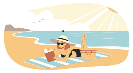 Illustration of a woman reading a book on the beach enjoying a sunny day with ocean views and a relaxed vacation vibe