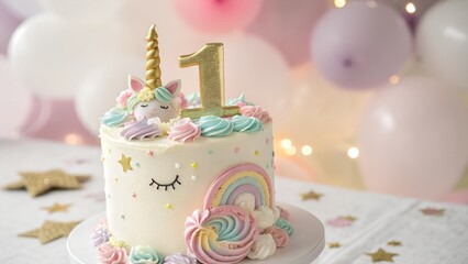 Close up of a unicorn birthday cake with number one topper and balloons in the background setup on transparent background silhouette
