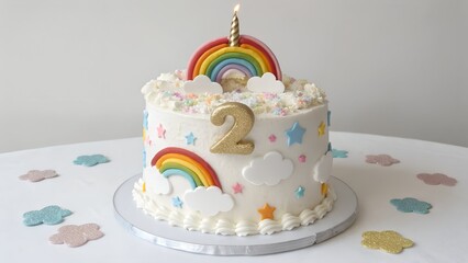 A birthday cake decorated with rainbows clouds stars and a candle for a second birthday party on transparent background silhouette