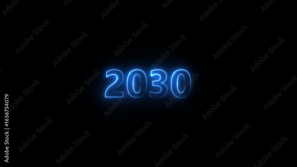 Poster 2030 neon line text. abstract 2030 neon text animation, glowing neon number text background 4k anima