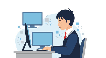 Illustration of a young professional working with multiple monitors in the office