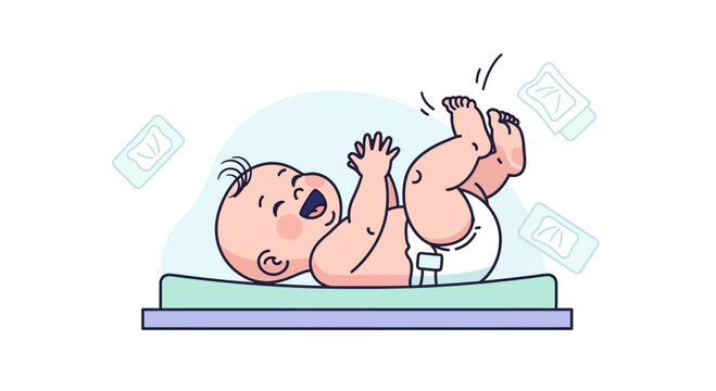 Happy Infant Lying On Back With Diaper On Changing Table Illustration