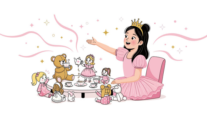 Illustration of a young princess hosting a tea party with her toys and dolls