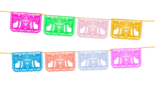 mexican papel picado dia de muertos day of the dead halloween bunting, on transparent background
