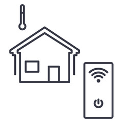 Smart Thermostat and Home Automation Line Icon. A minimalist line icon depicting a smart thermostat, a house, and a thermometer. 