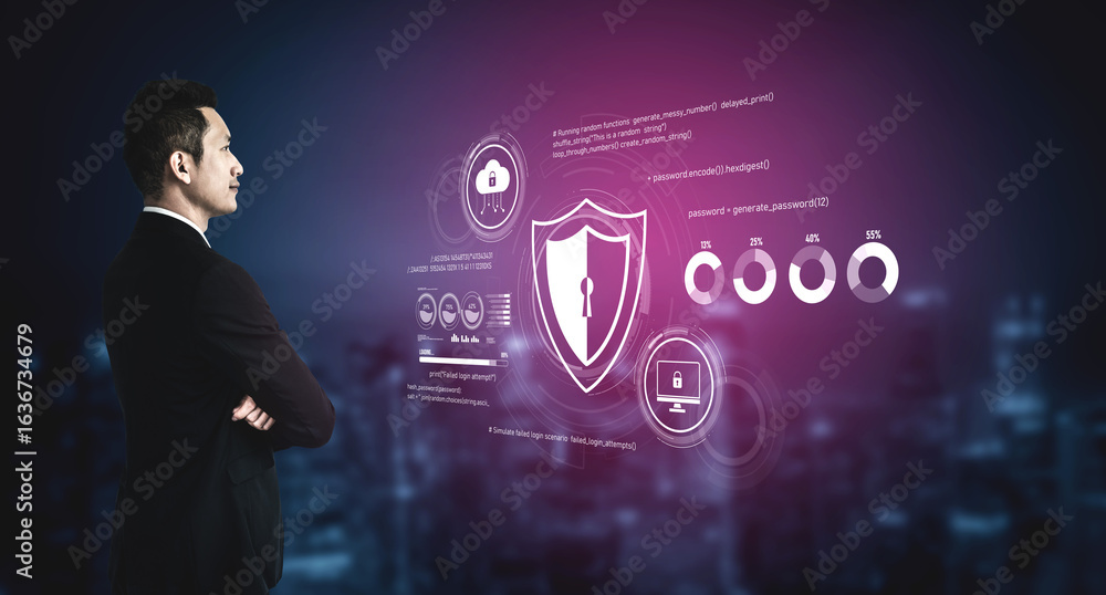 Poster cyber security protects against breaches, hacks, and network attacks using strong infrastructure and