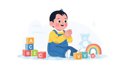 Fototapeta premium Happy Toddler Playing With Colorful Educational Blocks And Toys In Nursery Room