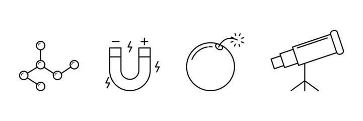 Science discovery, molecule magnet bomb telescope icon, physics chemistry experiment vector illustration for creative contributor upload