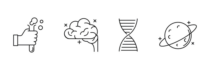Scientific elements, brain dna planet icon, chemistry experiment vector illustration, biology physics technology symbol art for stock upload