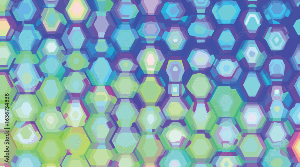 Poster overlapping hexagon pattern with translucent blue and green hues abstract geometric.
