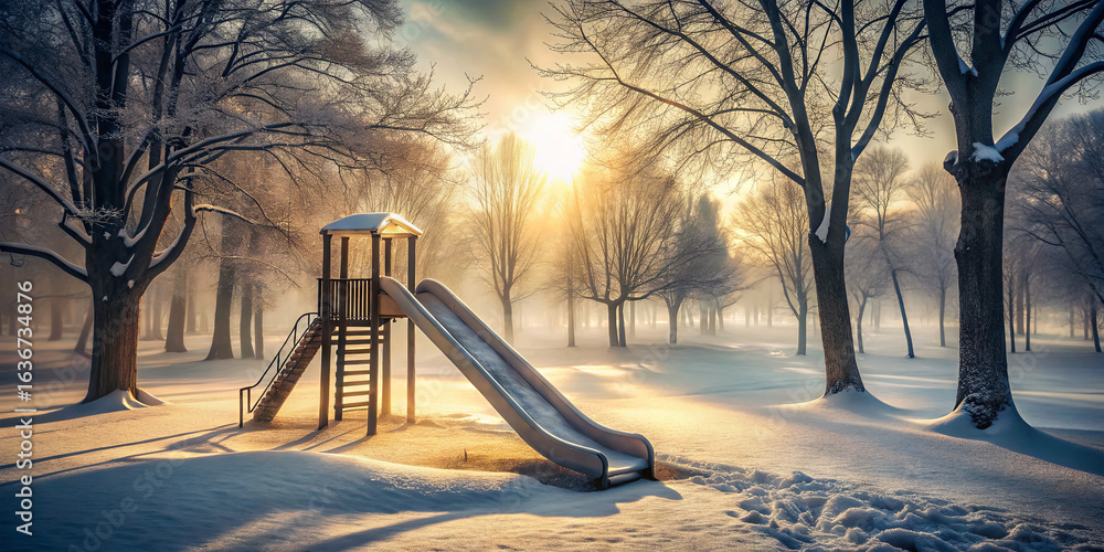 Poster a playground slide sits empty in a snowy park at dawn. sunlight filters through the bare trees, cast