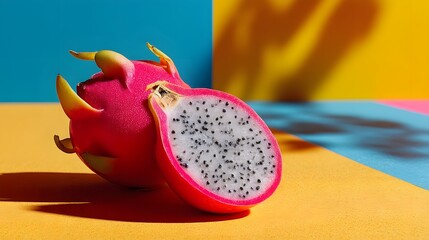 Fototapeta premium Minimalist still life with half cut dragon fruit on vibrant background