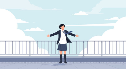 Obraz premium Illustration of Japanese Schoolgirl Expressing Freedom on Building Rooftop with Sky