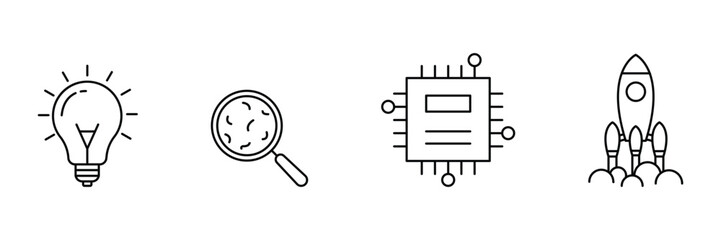 Innovation rocket, launch startup icon, scientific research idea vector illustration, creative microchip growth, exploration magnifier for contributor