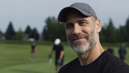 Middle-Aged Golfer Smiling on Green with Friends Playing in Background, Outdoor Sports and Leisure Lifestyle Concept