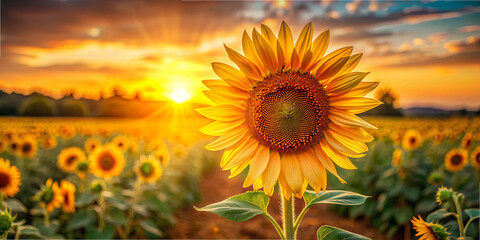 Obraz premium Golden sunflowers stand tall in a vast field, basking in the warm glow of the setting sun. The sky is painted with hues of orange and purple, creating a tranquil atmosphere