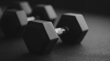 Black hexagonal dumbbells arranged on dark surface, emphasizing