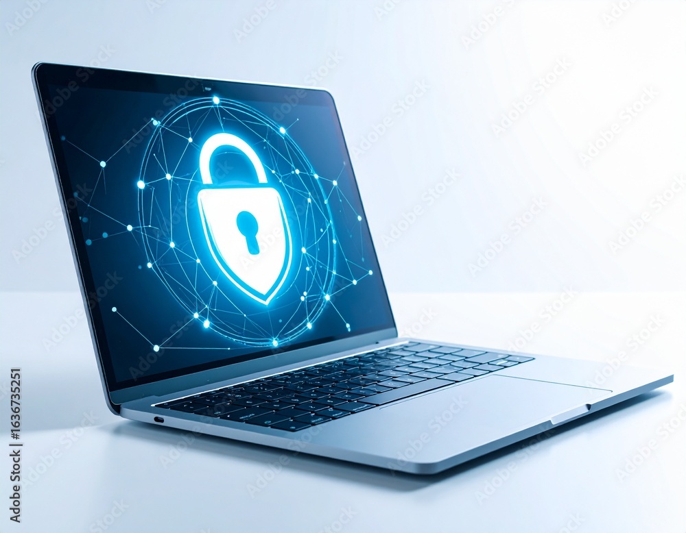 Poster laptop displaying a digital padlock icon, representing data security and online protection.
