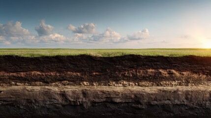 Layers of Soil and Grass Under Bright Blue Sky at Sunset