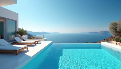 Luxury villa terrace with infinity swimming pool, offering stunning clear blue water, panoramic sea views under bright sky. Features lounge chairs, modern architecture, rich greenery, perfect for