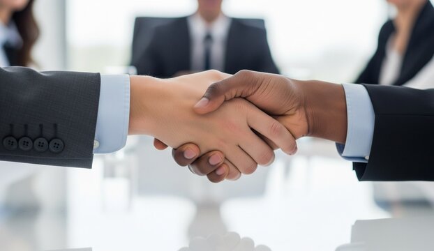Diverse colleagues shaking hands across a conference table, only the handshake in sharp focus, blurred faces.