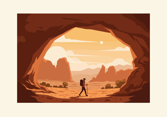A lone explorer with a backpack on a scenic desert hiking journey, viewed from a cave entrance overlooking sunlit canyon rock formations.