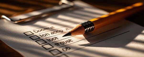 Close-up of a pencil and checklist on a clipboard in warm sunlight