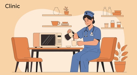 Illustrative depiction of a nurse enjoying coffee in a clinic break room setting with furniture