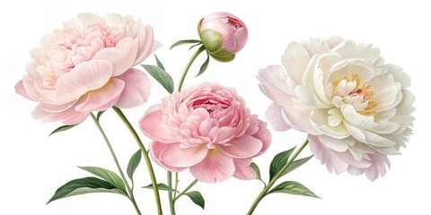 Pink and White Peony Floral Watercolor Painting, Botanical Illustration, Flower Art Peonies, Watercolor