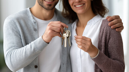 Excited couple receiving keys from agent in warm lighting