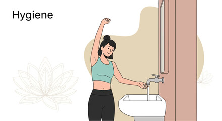 Illustration depicting a young woman washing her hands in a bathroom for hygiene practices