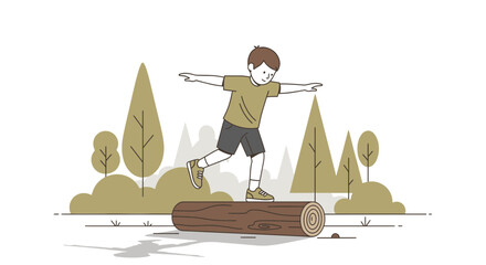 Illustration of a boy balancing on a log in a stylized forest scene depicting childhood exploration and outdoor activities for leisure