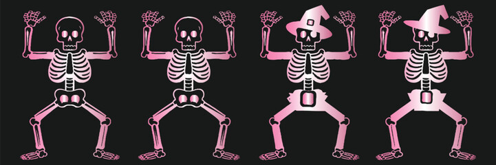Four stylized pink skeletons on a black background, with two wearing hats. The scene is playful and festive, suggesting a Halloween theme.