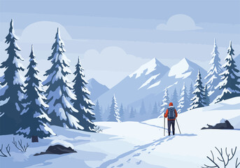 A lone adventurer seen from behind on a winter hiking expedition, trekking through a snowy forest towards majestic mountain peaks. Vector.