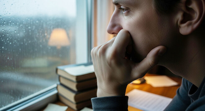 Pensive man looking out rainy window, deep in thought on a melancholic day with books nearby.